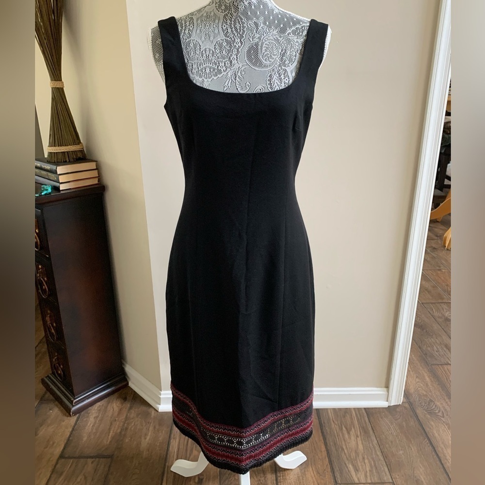 Nanette Lepore Dresses Black Midi Dress Embroidered Trim Sz 8 Boho Prairie Core